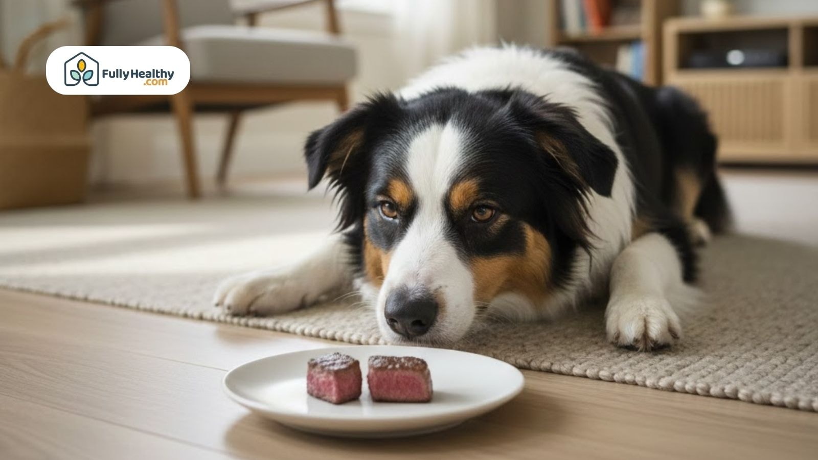 Dog lying on the floor watching small pieces of cooked steak on a plate indoors.