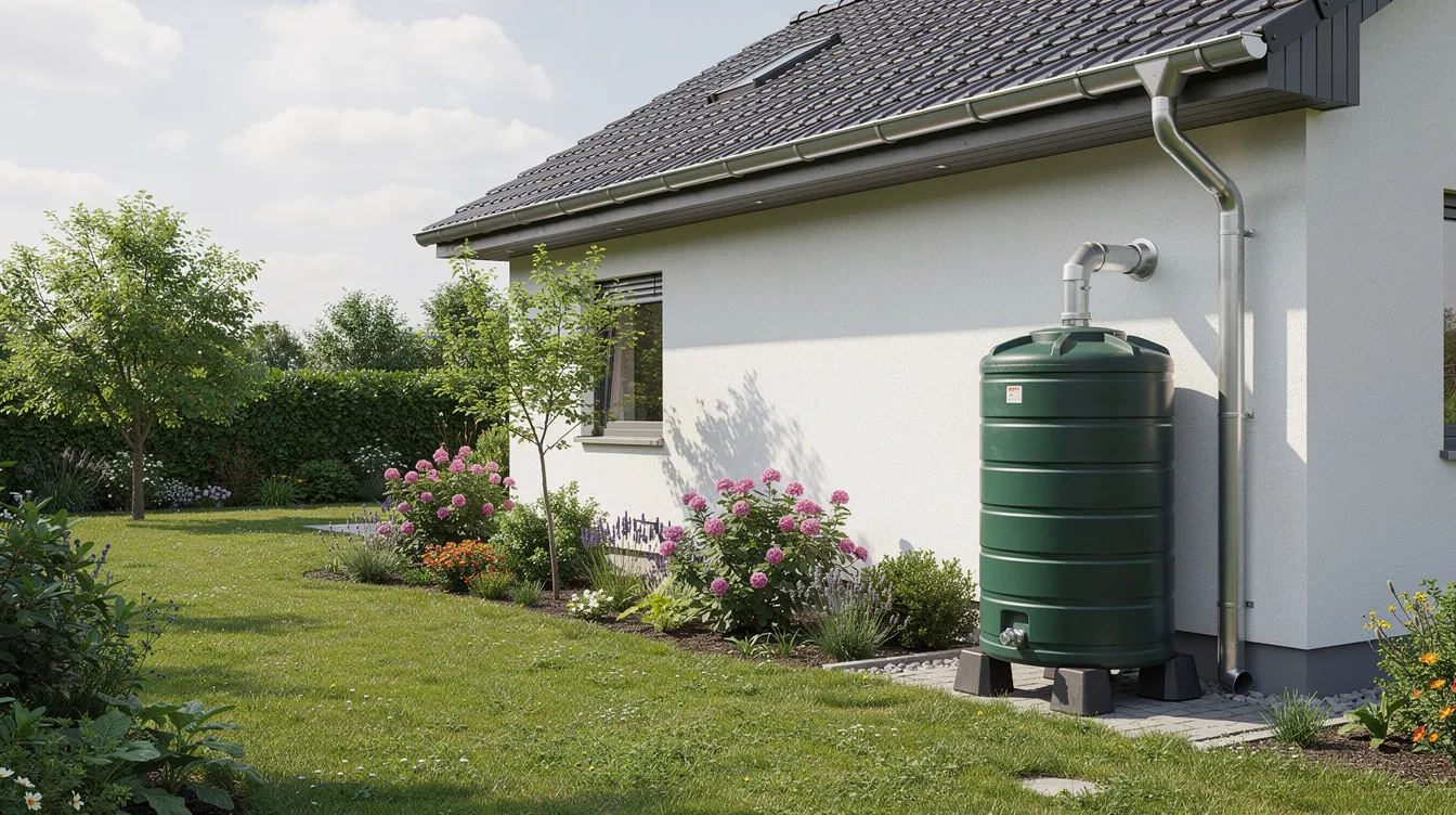 L'image montre une maison individuelle entourée d'un jardin verdoyant, avec un récupérateur d'eau de pluie cylindrique installé contre un mur extérieur, juste en dessous d'une gouttière. Ce système de récupération d'eau de pluie est une solution pratique pour l'arrosage et la consommation d'eau potable, contribuant ainsi à des économies sur la facture d'eau.
