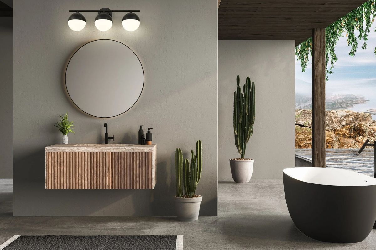 Realm Sphere 3-Light Vanity above mirror in open-air bathroom, a modern product that adds style and interest to any place.