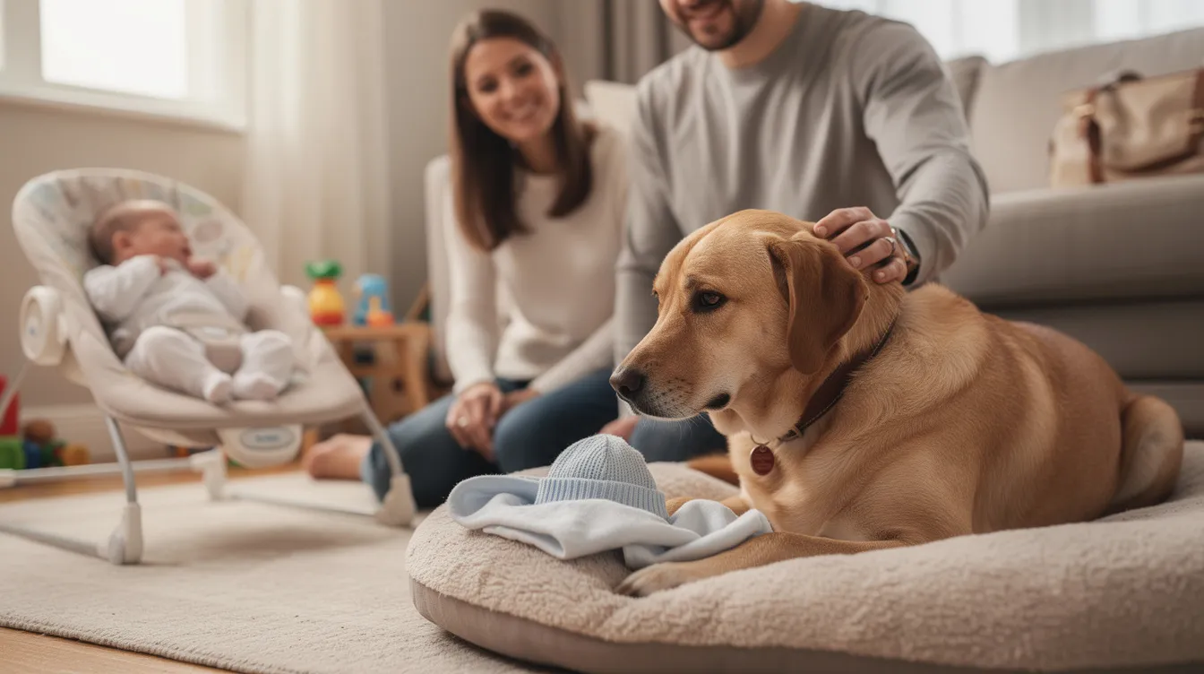 The image depicts a serene scene in a baby's room where a gentle dog is curiously sniffing a soft blanket that holds the scent of a newborn baby. The room is filled with baby toys and a high chair, showcasing a welcoming environment for the new family member as the dog begins to adjust to the baby's presence.