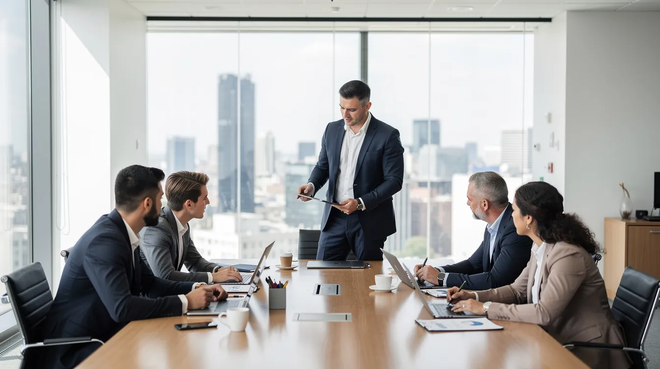 Une équipe commerciale est réunie autour d'une table dans un bureau moderne et lumineux, discutant de stratégies de vente et de la fixation des objectifs pour améliorer la performance commerciale. Les collaborateurs échangent des idées sur le développement des compétences et la mise à jour des outils pour atteindre leurs objectifs et maximiser le chiffre d'affaires de l'entreprise.