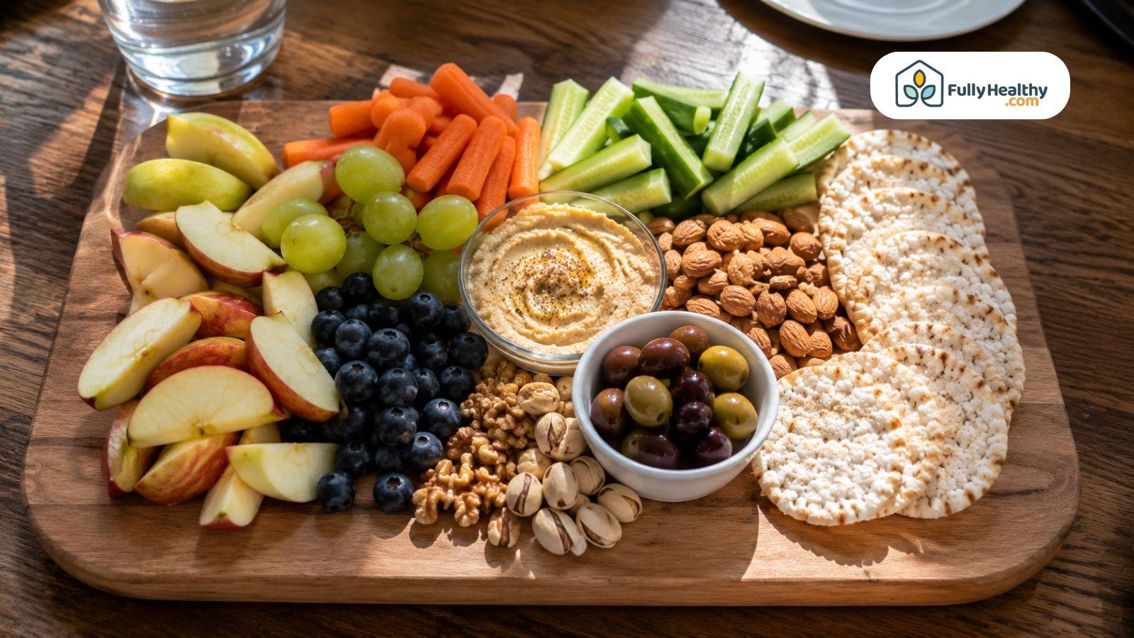 Naturally lactose-free snack board with fruit, hummus, nuts, vegetables, and rice cakes.