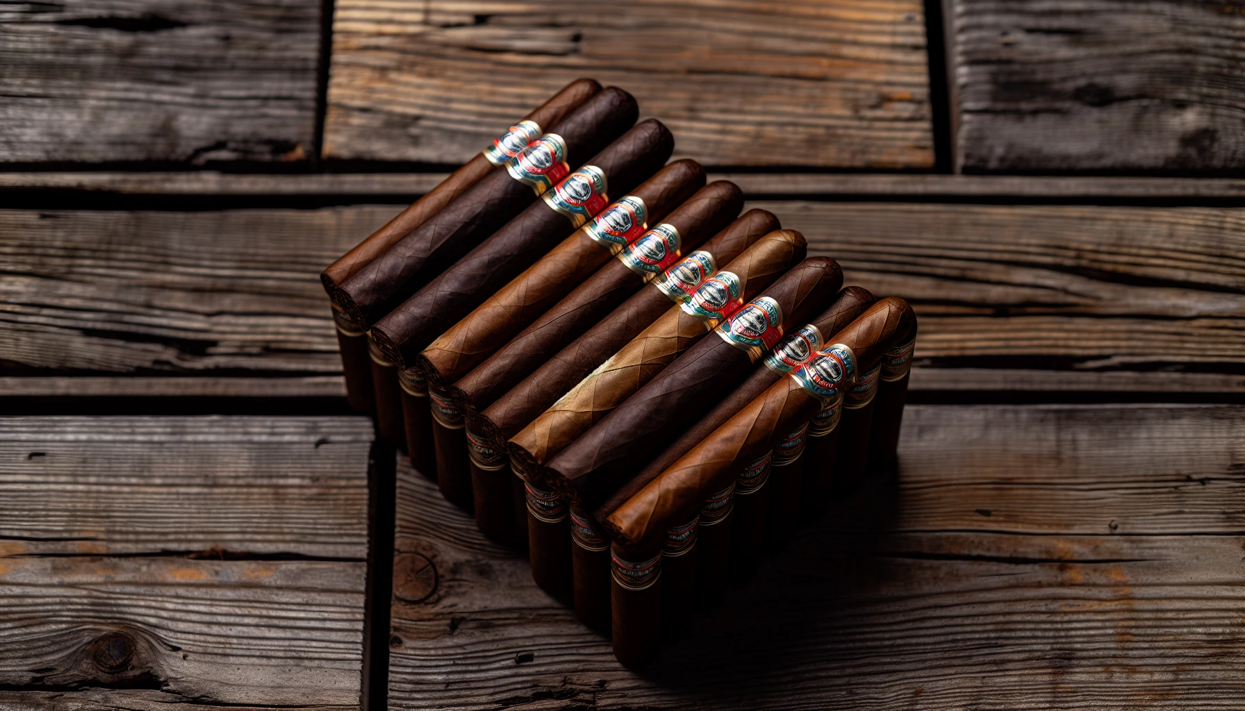 Assortment of New World Cameroon cigars displayed on a wooden table
