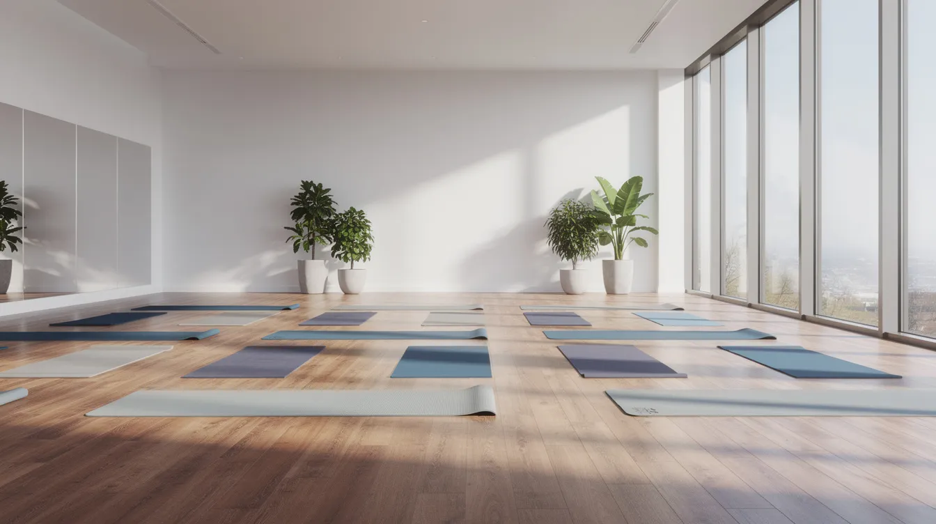 The image depicts a bright fitness studio featuring exercise mats arranged neatly on the floor, illuminated by natural light streaming through large windows. This inviting space encourages customer engagement and promotes a healthy lifestyle, ideal for small businesses looking to build lasting customer relationships through loyalty and rewards programs.
