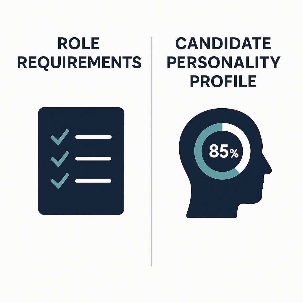 Infographic showing a side-by-side comparison of “Role Requirements” and “Candidate Personality Profile.” The left side features a checklist icon, while the right side shows a silhouette with a circular progress graphic displaying 85% fit. The design uses a clean white background with navy and teal accents, illustrating how personality alignment can be quantified alongside job criteria in a modern HR context.