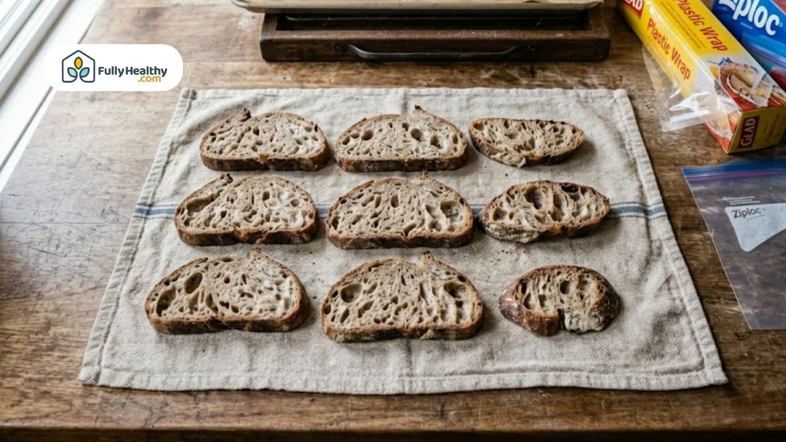 Sourdough slices arranged on cloth with plastic wrap and ziplock bag.
