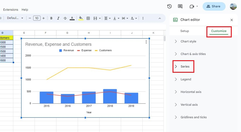 For a better visual representation of the chart data, click the Customize tab and select the Data Series section.