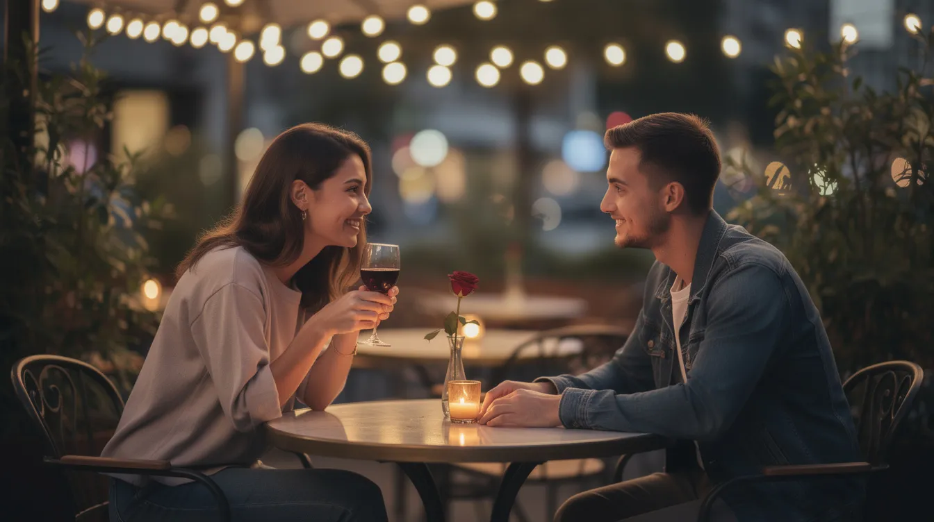 A couple enjoys a romantic moment together, symbolizing the magic of online dating and mutual attraction, as they engage in heartfelt conversation on a Valentine's date. This scene captures the essence of finding love through dating apps, where real people connect and create genuine relationships.