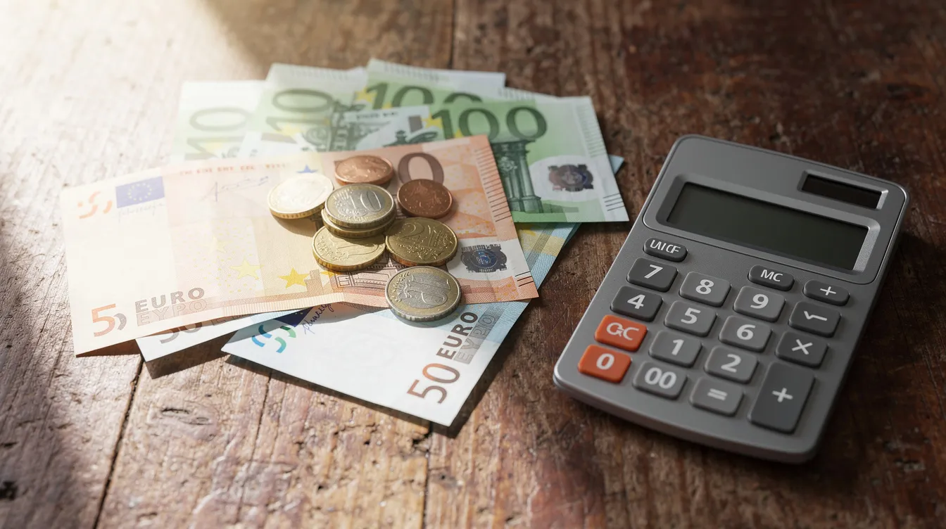 The image shows a variety of euro banknotes and coins neatly arranged on a wooden table, accompanied by a calculator, symbolizing financial planning for moving to Italy. This visual could represent the financial considerations for foreign workers seeking to obtain a residence permit or navigate immigration processes in Italy.