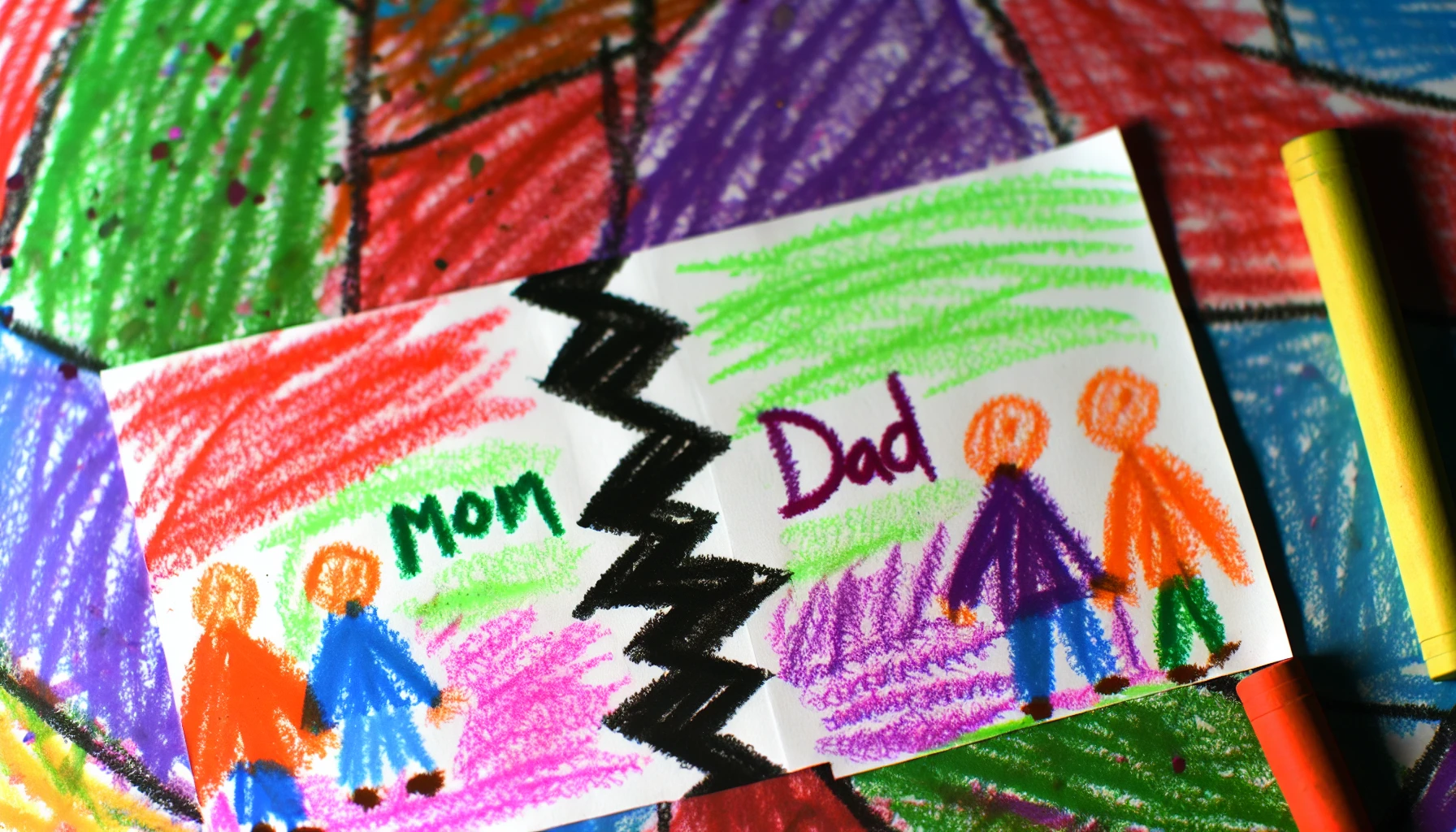 Photo of a child's drawing with the words 'mom' and 'dad'