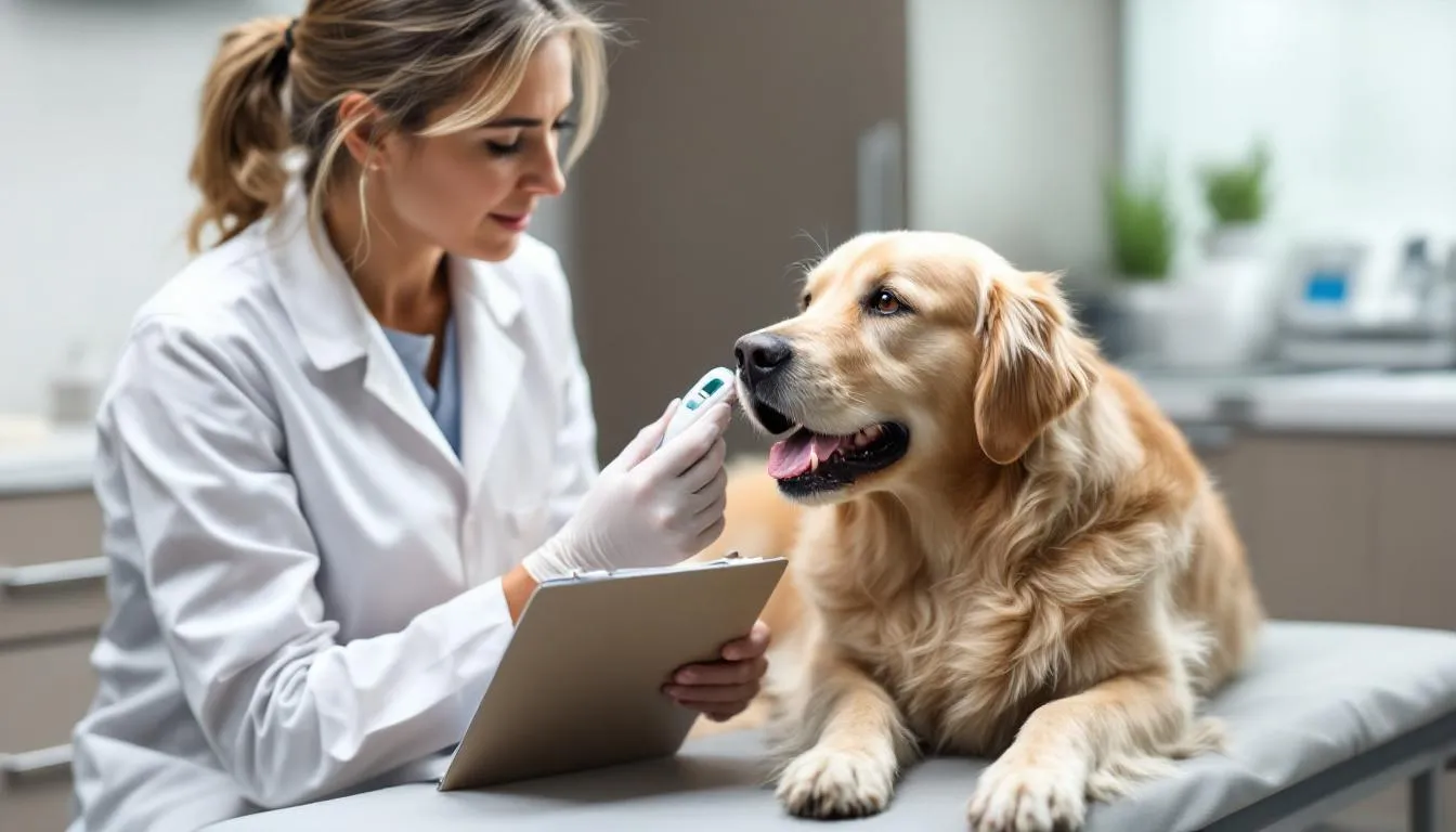 A concerned dog owner is checking their pet