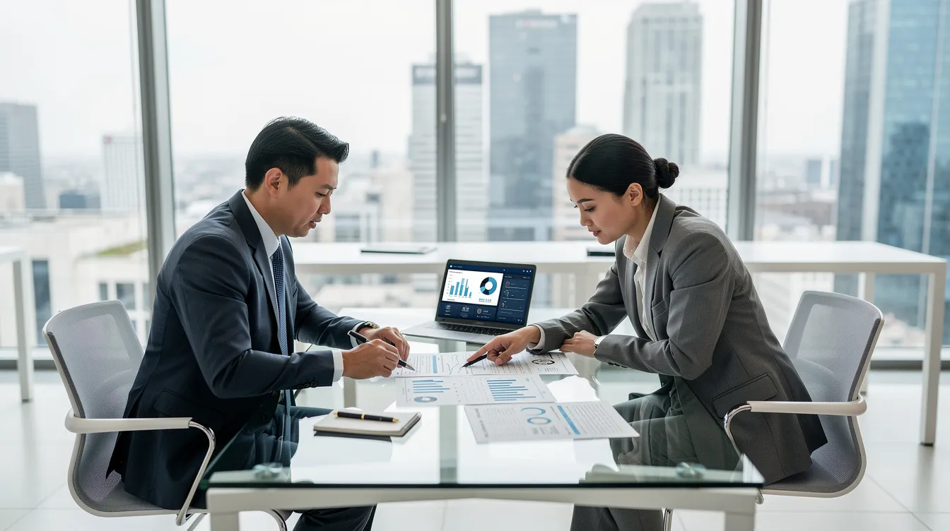 The image depicts a modern office environment where a financial consultant is reviewing documents with a client, discussing various loan options and terms such as interest rates and repayment plans. The setting conveys a professional atmosphere, emphasizing the importance of financial guidance in securing loans and understanding the application process.