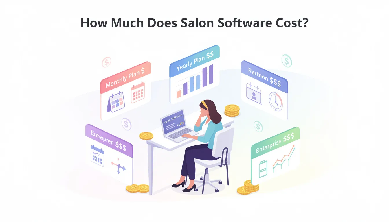 An informative graphic displays various pricing options for salon software, highlighting features such as integrated payment processing and inventory management. It emphasizes the importance of selecting the right salon POS system to streamline business operations and enhance client management for beauty professionals.