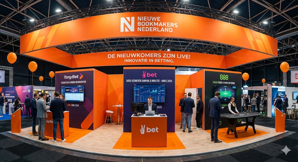 Beursstand met nieuwe online bookmakers in Nederland zoals Vbet, 711 en TonyBet, actief op de Nederlandse markt met vergunning van de Nederlandse Kansspelautoriteit, waar zij online weddenschappen aanbieden met beste odds, live wedden, odds boosts en een breed wedden aanbod voor Nederlands voetbal en andere sporten sinds de legalisering in 2021.