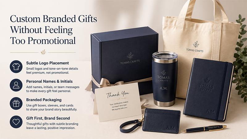 Custom branded employee gifts with subtle logo placement, personalized details and thoughtful packaging for a premium look
