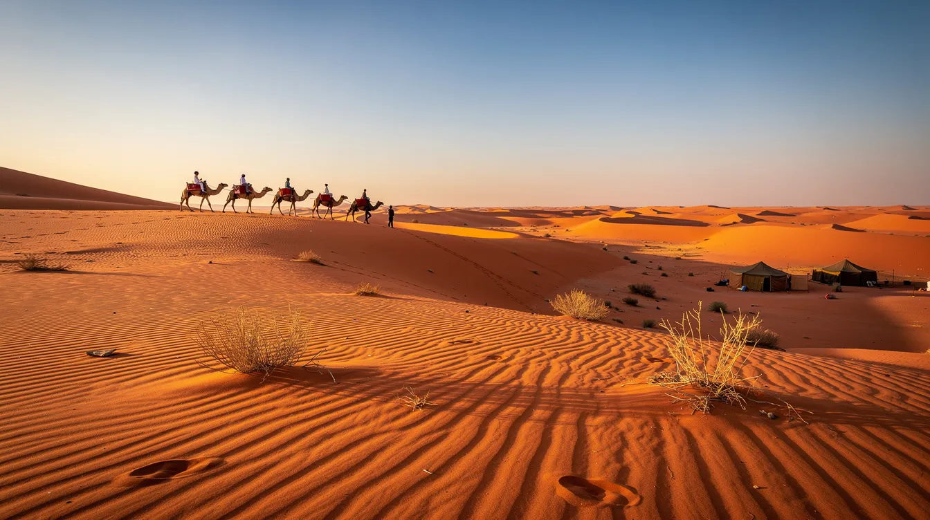 A imagem mostra as impressionantes dunas de Merzouga, em Marrocos, com suas areias douradas que se estendem até onde a vista alcança, criando um cenário deslumbrante que atrai turistas de todo o mundo. Ao fundo, um céu azul claro complementa a beleza do deserto, proporcionando uma experiência única de viagem e exploração.