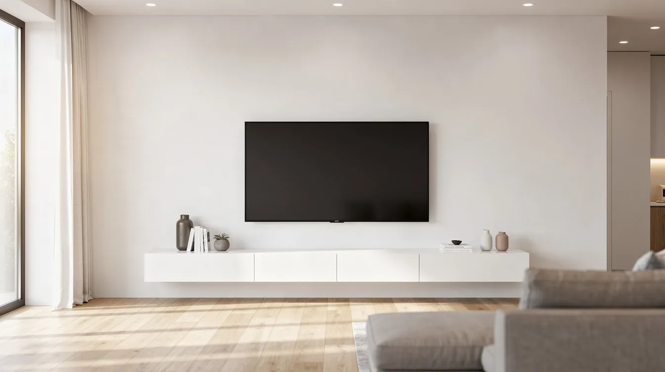 A modern flat-screen TV is mounted on a sleek white wall in a stylish living room, showcasing a contemporary home entertainment setup. This image reflects the potential for professional DSTV installation services, highlighting the importance of expert technicians for optimal picture quality and signal strength.
