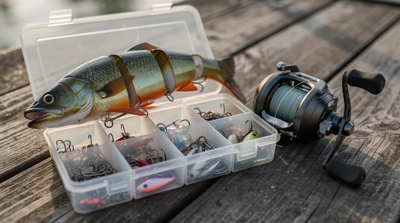 A large jointed swimbait fishing lure, designed for effective bass fishing, rests on a tackle tray alongside a fishing reel. The lure showcases vibrant colors and intricate details, highlighting its quality and movement, making it a popular choice among anglers in both freshwater and saltwater environments.