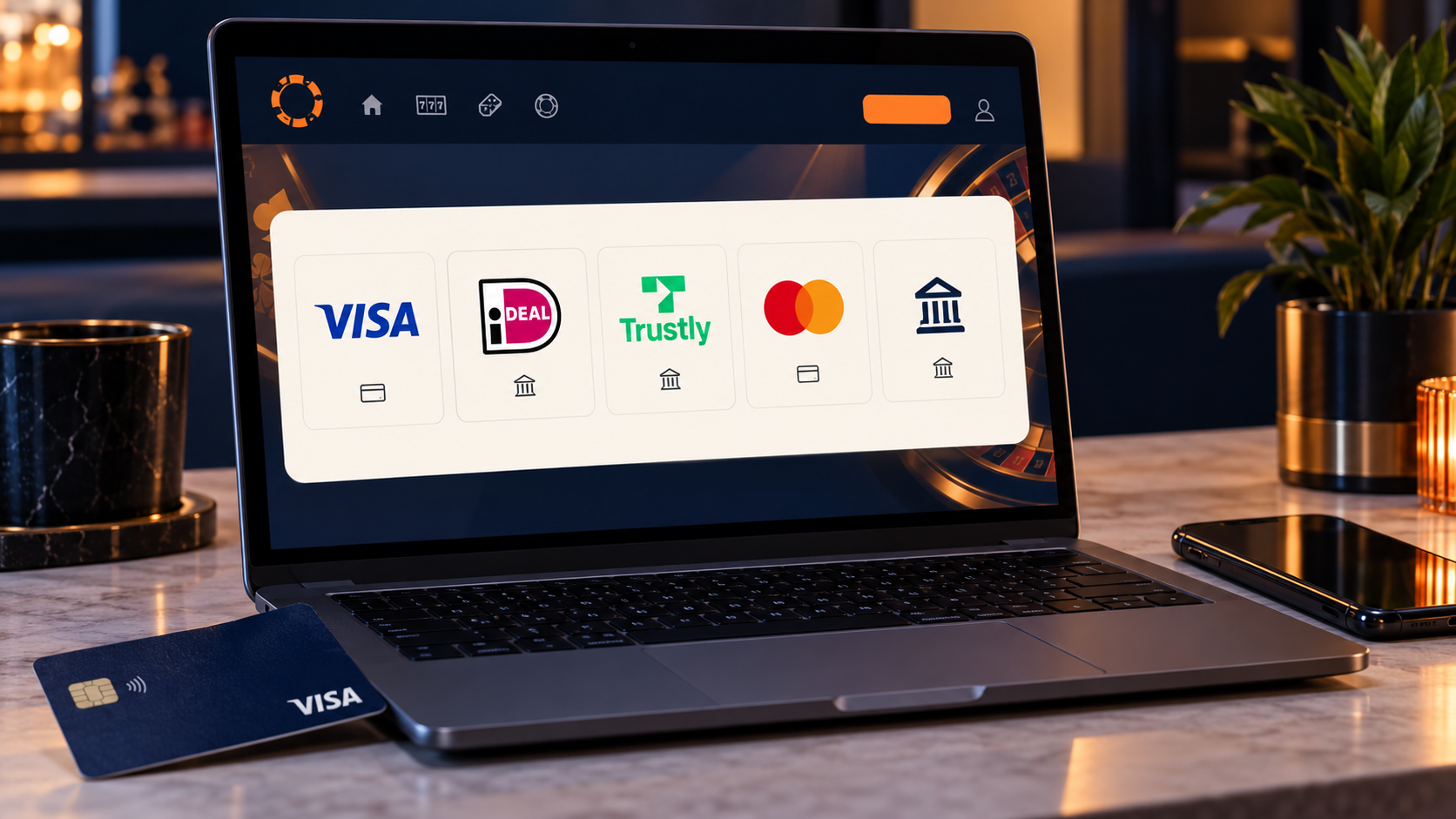 Betaalmethoden Visa, iDEAL, Trustly, Mastercard en bankoverschrijving op een casinoscherm.
