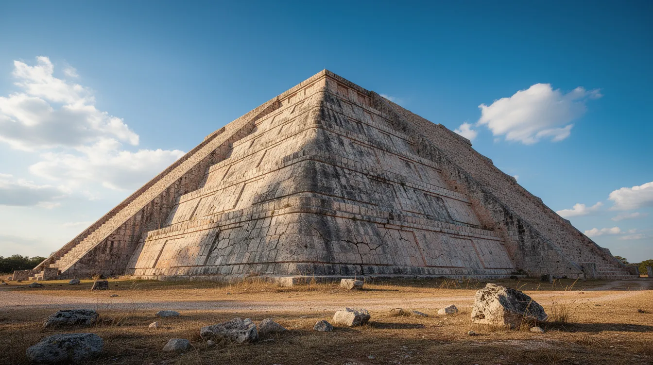 The image features an ancient stone pyramid with stepped sides, standing majestically against a bright blue sky dotted with fluffy white clouds, representing the rich history of the ancient Mayan civilization. This archaeological site is a popular attraction for visitors looking to explore Mayan ruins during their Cancun vacation.