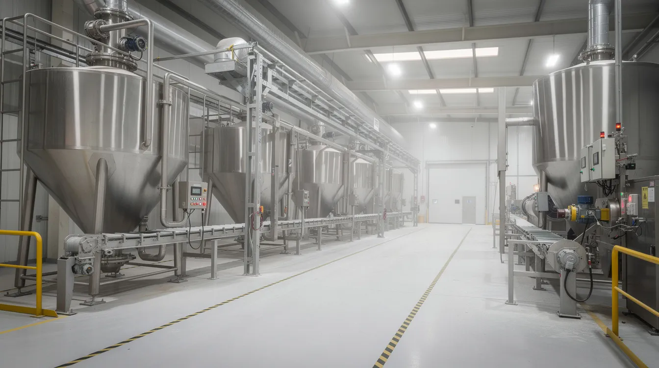 The image depicts an industrial grain flour milling machinery setup inside a factory, featuring metal hoppers and conveyor systems designed for high-efficiency processing of chana dal into besan. This fully automatic besan plant is equipped with advanced food processing machines made of quality mild steel, ensuring low maintenance and high production capacity.