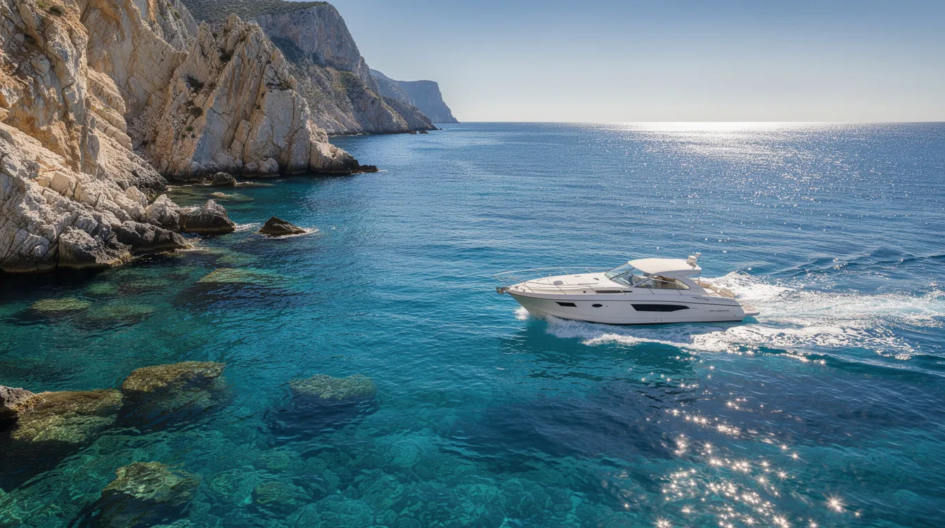 Uma lancha navega em águas azuis cristalinas, próximas a uma costa rochosa, evocando a beleza das praias da Croácia. O cenário destaca a tranquilidade do mar e as formações rochosas que compõem a região.