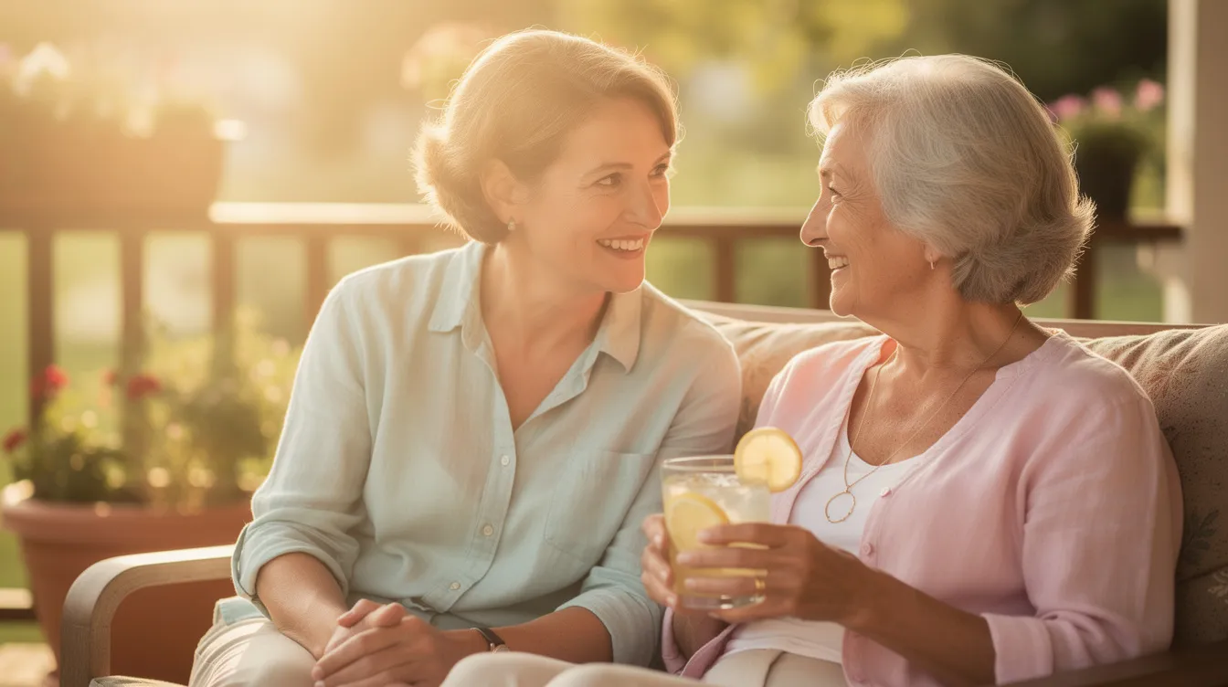 A caregiver and an elderly woman sit together on a sunlit porch, sharing a glass of lemonade and smiling warmly at each other. This scene captures the essence of personal care and companionship, highlighting the importance of support for older adults in their daily living activities.