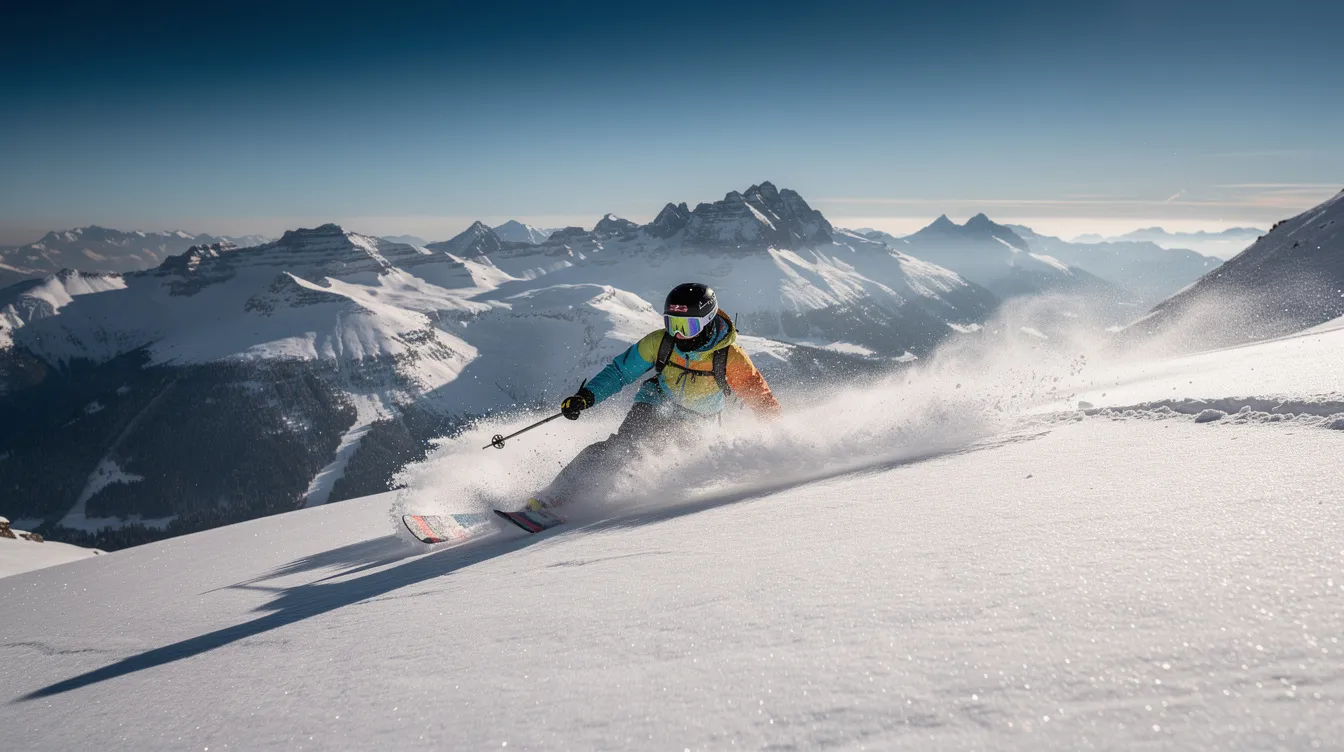 Ein Skifahrer fährt mit geschickter Fahrtechnik durch tiefen Pulverschnee, während im Hintergrund ein beeindruckendes Bergpanorama zu sehen ist. Die Szene vermittelt ein Gefühl von Freiheit und Spaß beim Skifahren in einem malerischen Skigebiet.