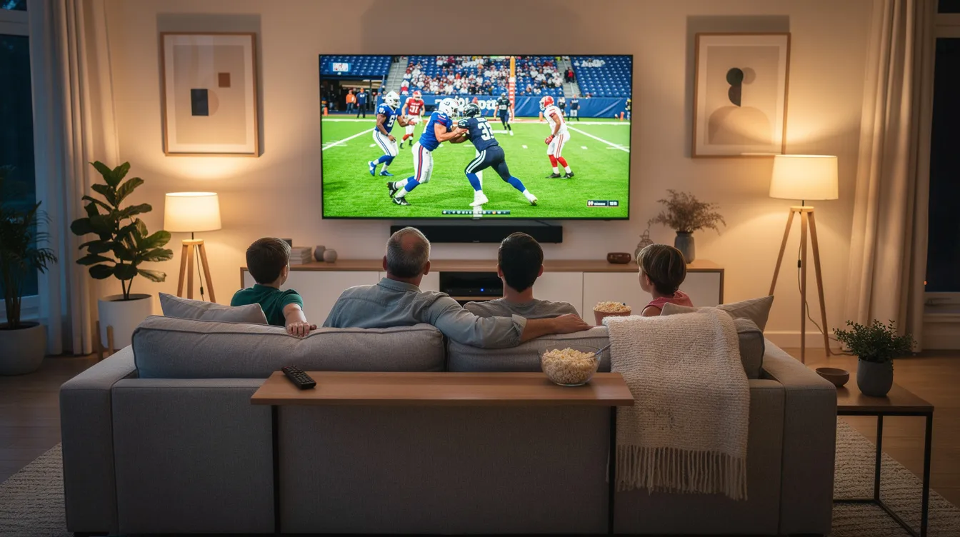 The image depicts a modern living room featuring a large flat-screen TV that displays a live football game, with a family comfortably watching from a cozy couch. This setup highlights the enjoyment of high-quality streaming through IPTV services, providing an exceptional viewing experience for sports fans.