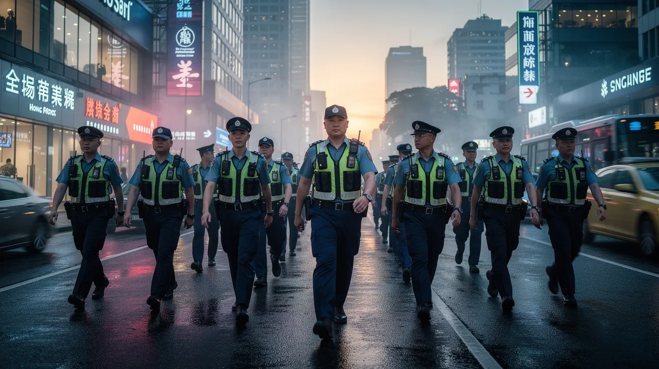 The image depicts uniformed officers in Hong Kong walking through a modern city street at dawn, with the soft glow of early morning light illuminating the sleek buildings around them. This scene captures the essence of urban life and professionalism in a bustling metropolis.