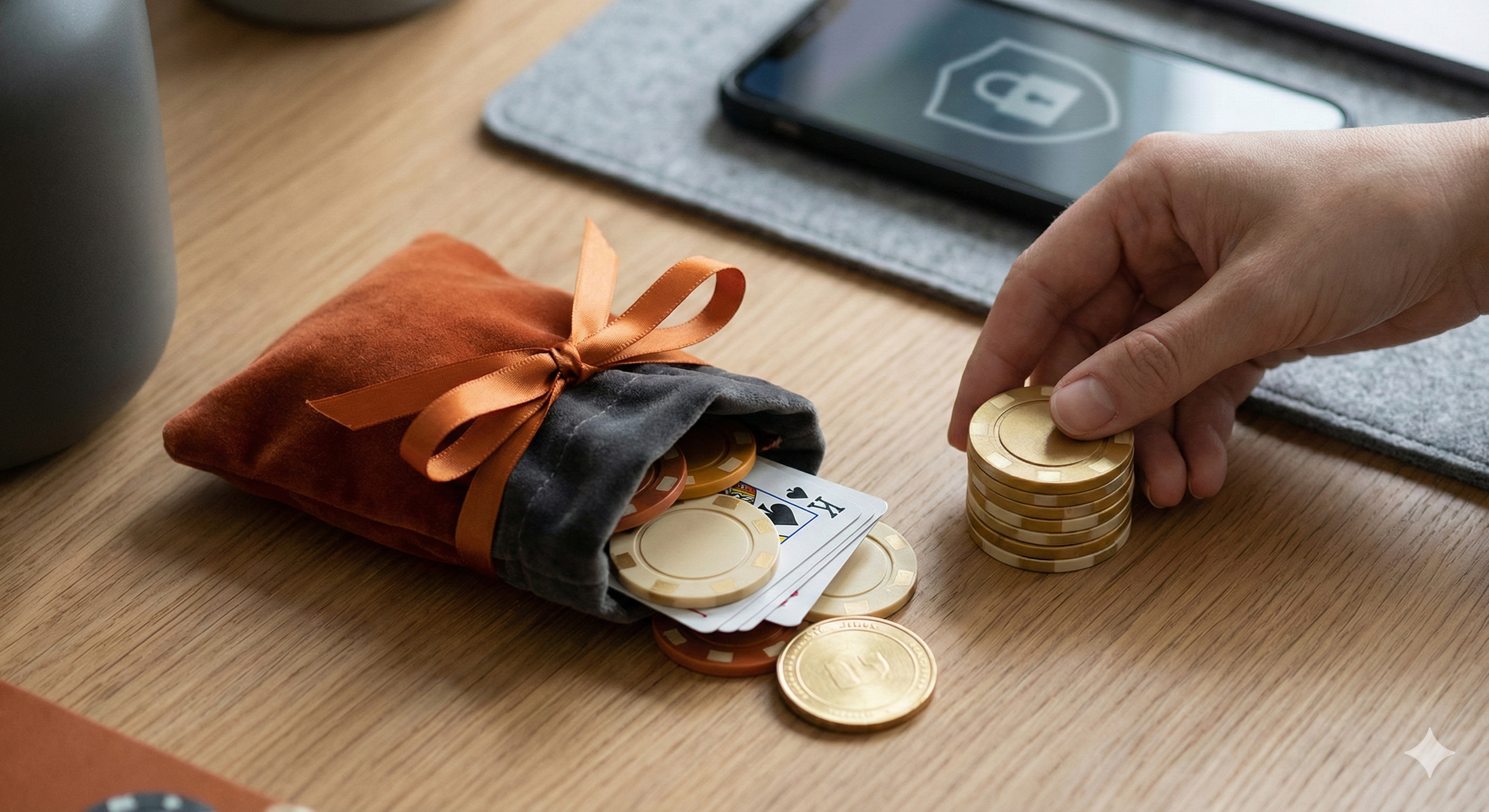 Foto van een hand die casinofiches stapelt naast een buidel met speelkaarten en fiches op een tafel, met een smartphone op de achtergrond.