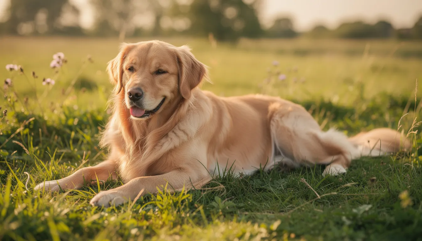 Ein entspannter Golden Retriever liegt auf einer grünen Wiese und genießt die Sonne. Der Hund strahlt Ruhe und Zufriedenheit aus, was auf das Wohlbefinden durch eine mögliche Anwendung von CBD-Öl für Hunde hinweisen könnte.