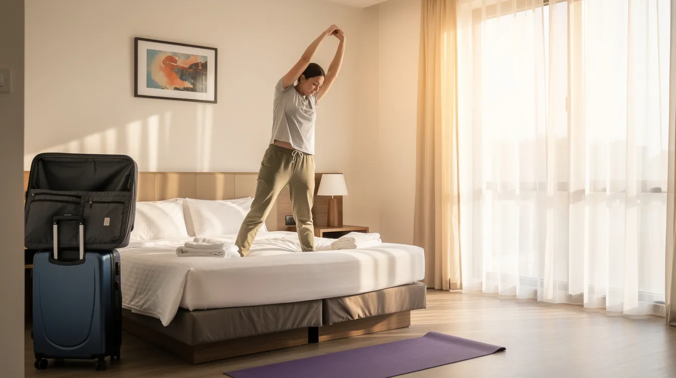 A traveler is performing light stretching exercises in a bright hotel room, which may help reduce jet lag symptoms and adjust to the new time zone. The natural light streaming in enhances the atmosphere, promoting alertness and aiding in the adjustment of the body&rsquo;s internal clock.