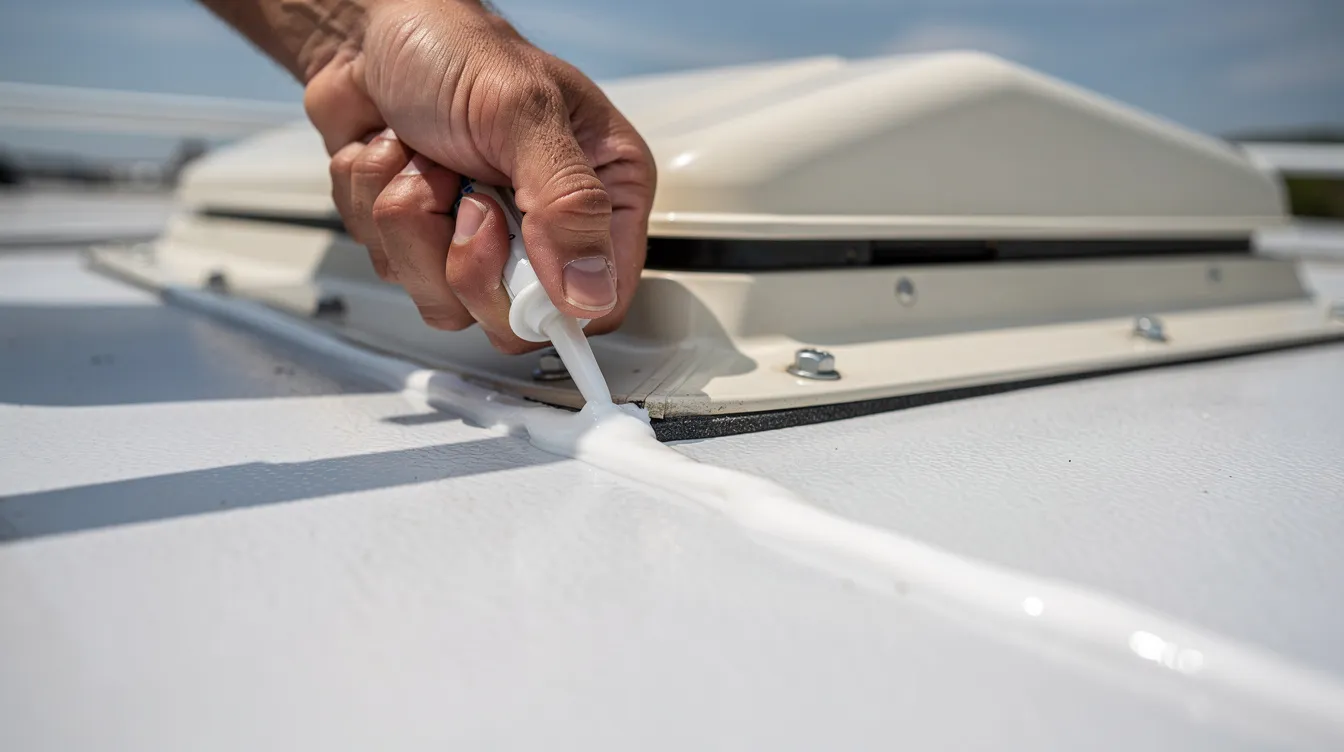A close-up image shows a person diligently applying sealant along the seam of an RV roof vent, emphasizing the importance of maintenance in mobile RV repair. The technician is using tools to ensure a proper seal, protecting the RV from potential leaks and ensuring a smooth travel experience for RV owners.