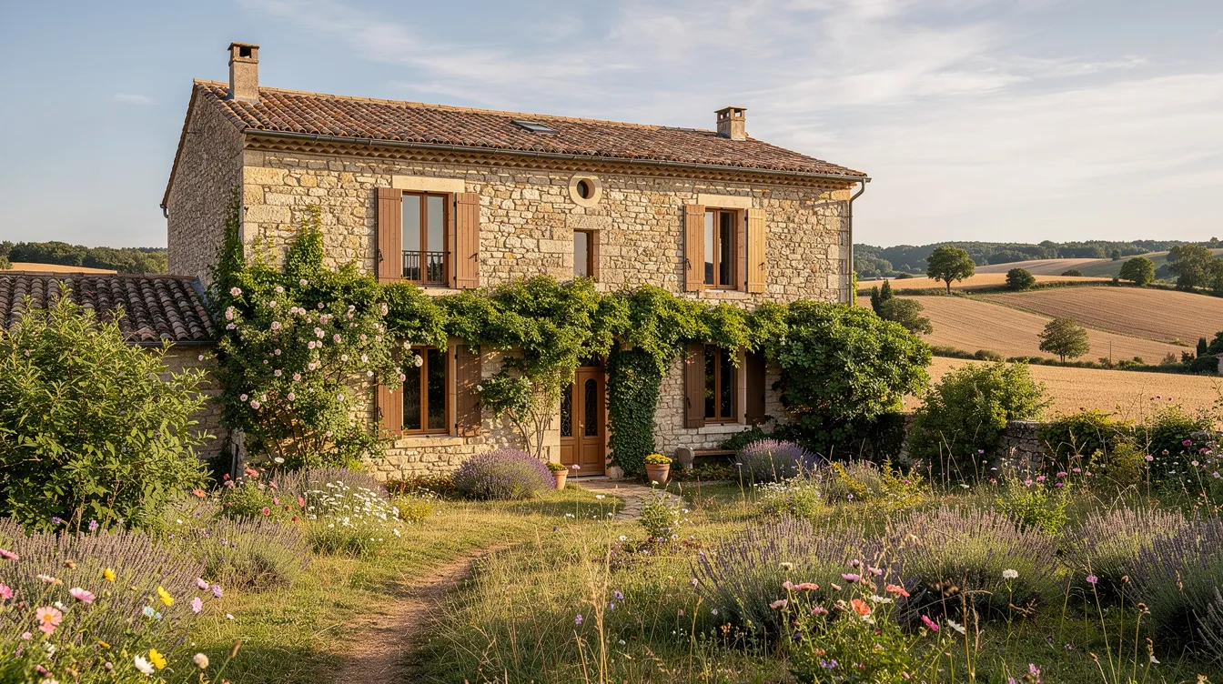 Une maison de campagne en pierre, entourée de verdure, se dresse dans un paysage rural français, évoquant un lieu de vacances paisible. Ce type de résidence secondaire peut nécessiter des dispositifs d'assainissement non collectif pour gérer les eaux usées et garantir un environnement sain.