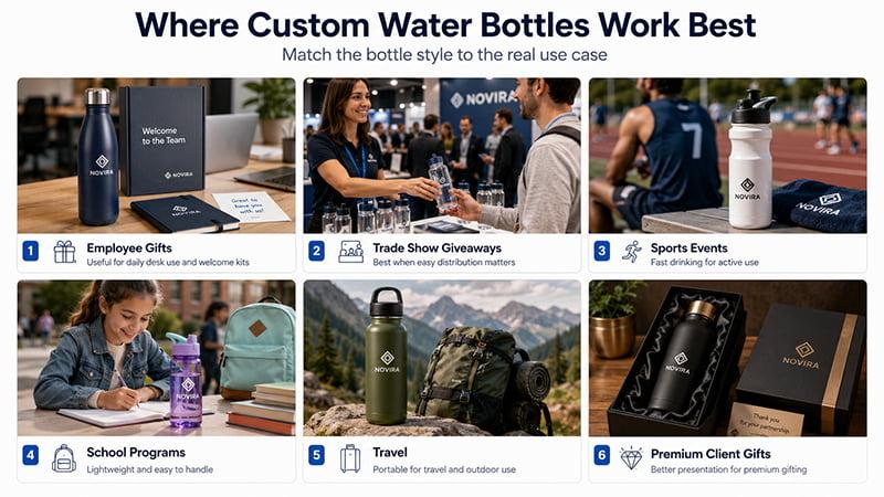 Where custom water bottles work best, including employee gifts, trade shows, sports events, schools, travel, and client gifts