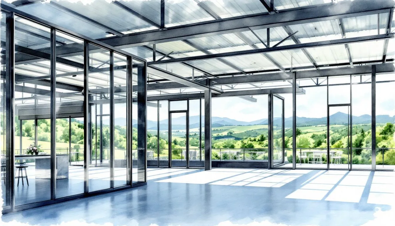 Modern industrial wedding venue featuring stylish decor and spacious event areas.