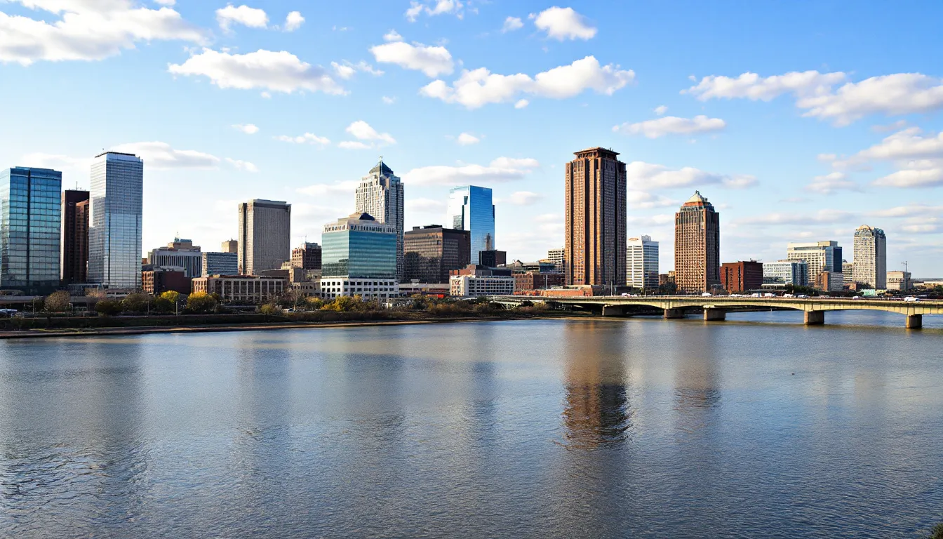 The image depicts the Little Rock skyline with the Arkansas River flowing beneath it, showcasing the city's modern architecture against a backdrop of blue skies. This vibrant scene reflects the essence of Little Rock, a community where families can find various insurance options, including term life and whole life insurance, to protect their loved ones and secure their financial future.