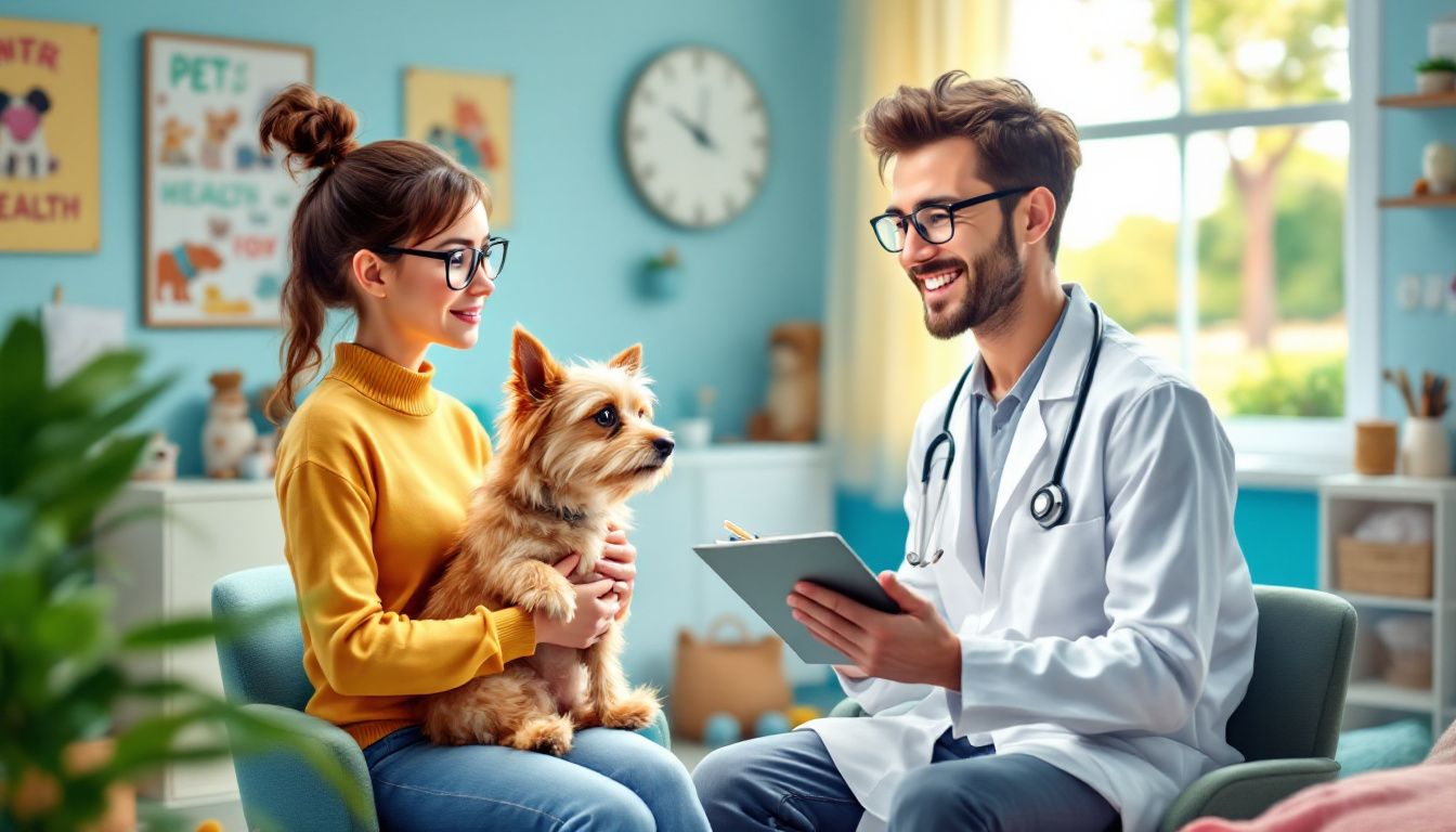 A worried dog owner discussing potential side effects with a veterinarian.