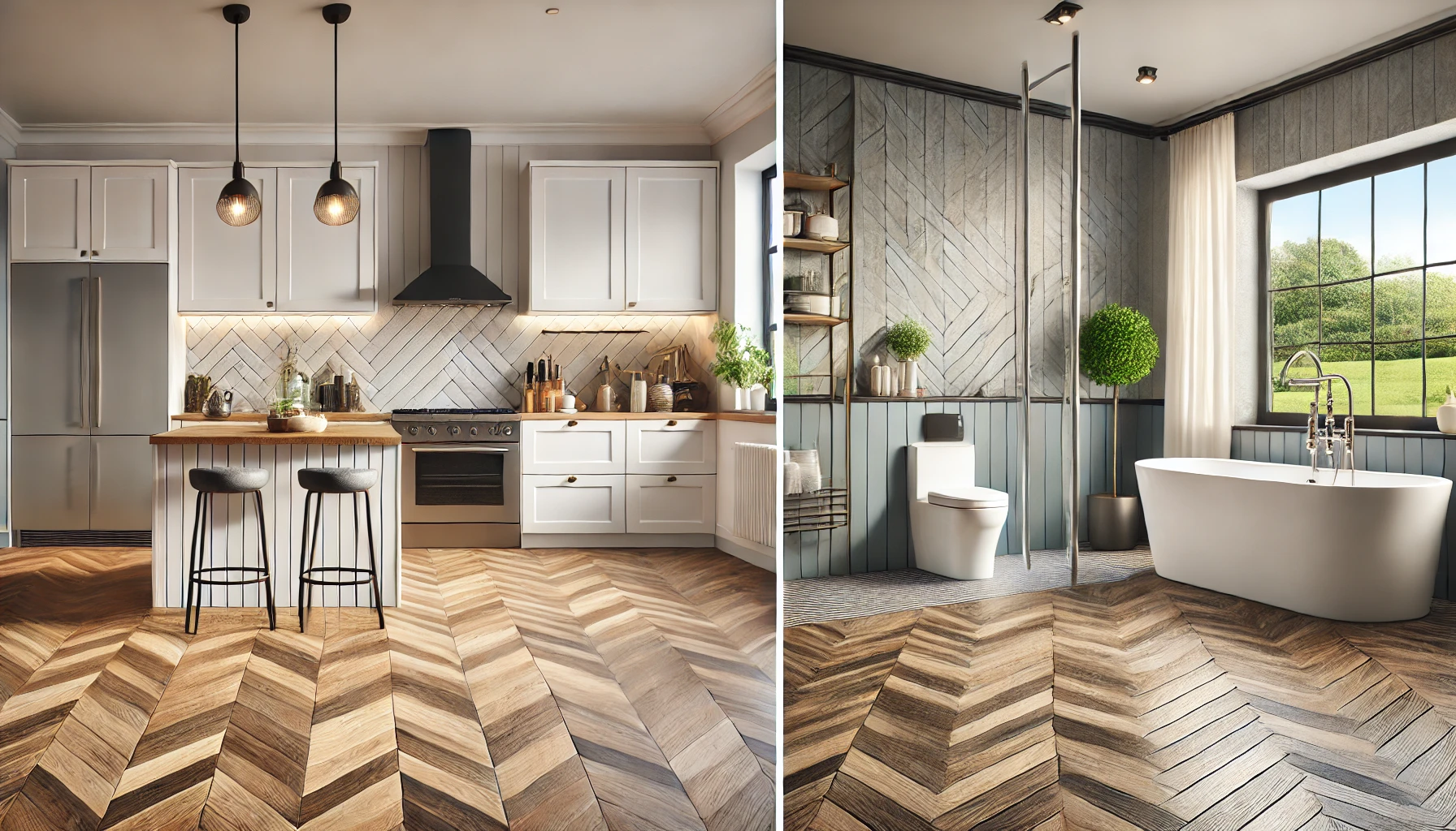 herringbone flooring in kitchen and bathroom