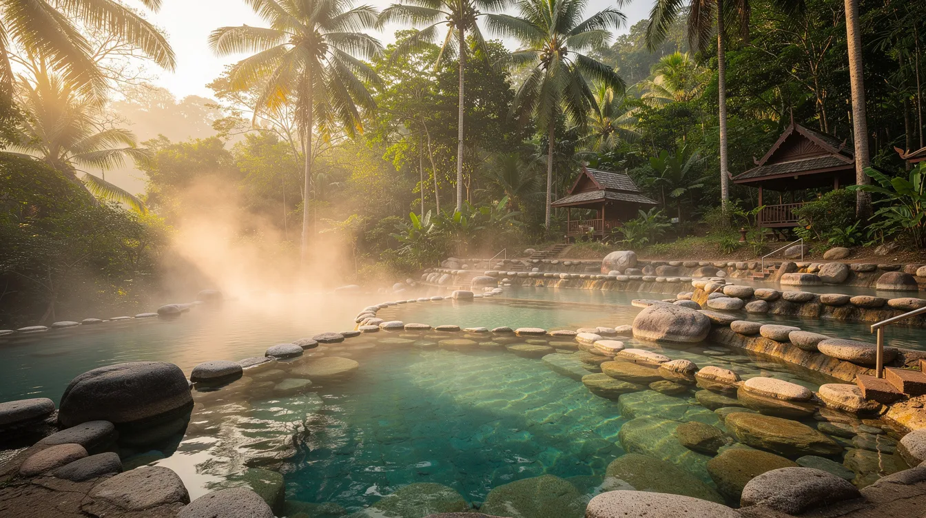 Imagem de fontes termais na Tailândia, com visitantes relaxando nas águas quentes cercadas por uma vegetação exuberante. O cenário transmite uma sensação de tranquilidade, ideal para quem busca experiências de turismo em meio à natureza.