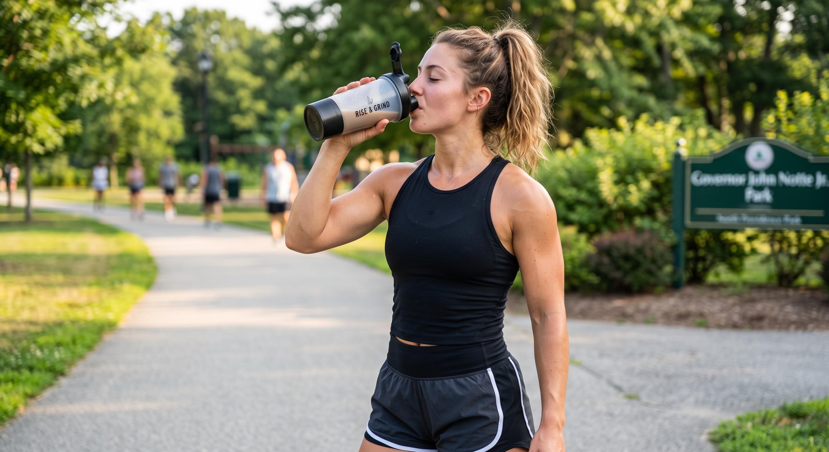 Woman in a park drinking a protein shake