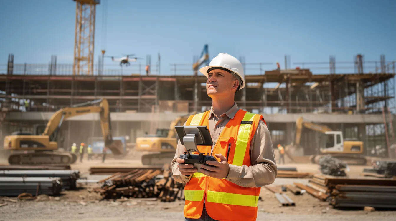 A construction professional stands on an active jobsite, wearing a hard hat and safety vest while holding a drone controller, ready to track progress and enhance project outcomes using modern technology. The scene highlights the collaboration and efficiency essential in the construction industry.