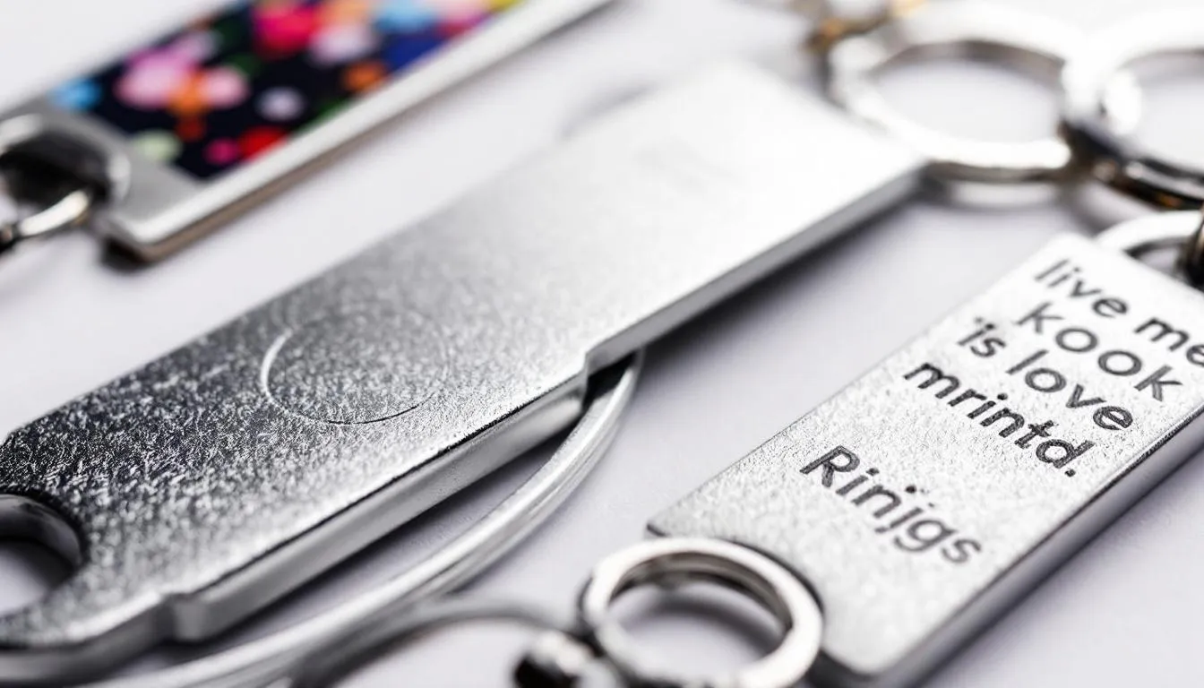 Na zdjęciu widoczne są różne techniki personalizacji breloków, takie jak grawerowanie, nadruk i tłoczenie, które umożliwiają stworzenie eleganckiego breloka wykonane z wysokiej jakości materiałów. W tle można dostrzec różnorodne modele breloków, które mogą być idealnym upominkiem lub praktycznym gadżetem dla klientów.