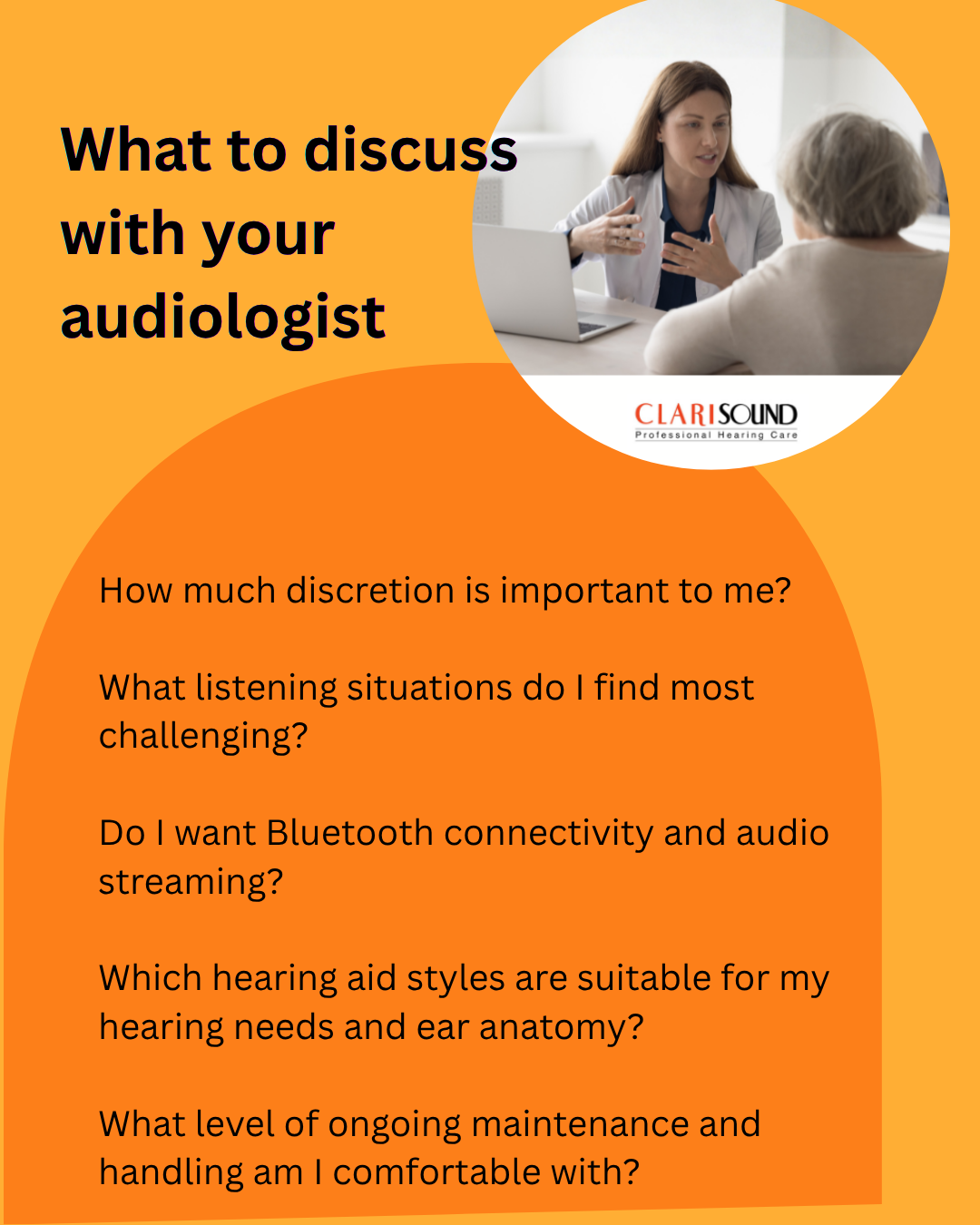 Key questions to discuss during a hearing aid consultation, including hearing needs, listening environments, hearing aid styles, Bluetooth connectivity, and long-term aftercare