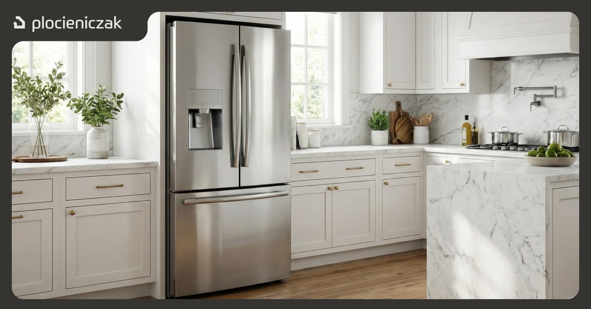 Elegancka lodówka wolnostojąca French Door ze stali nierdzewnej z dystrybutorem wody i lodu w nowoczesnej kuchni