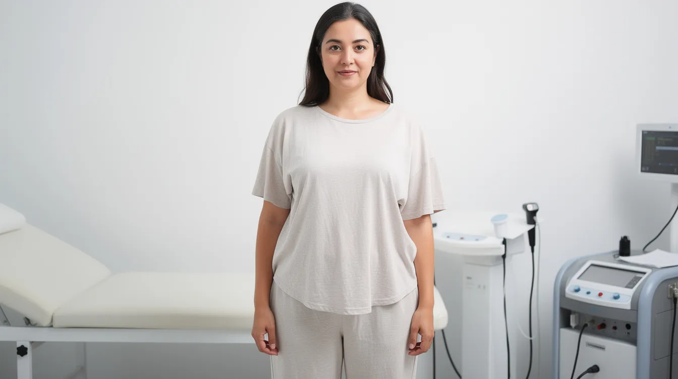 La imagen muestra a un paciente de pie con ropa cómoda que cubre la parte inferior del abdomen, evidenciando la cicatriz de la abdominoplastia después de la cirugía. La piel alrededor del ombligo presenta signos de cicatrización, reflejando el proceso de recuperación tras el procedimiento estético.
