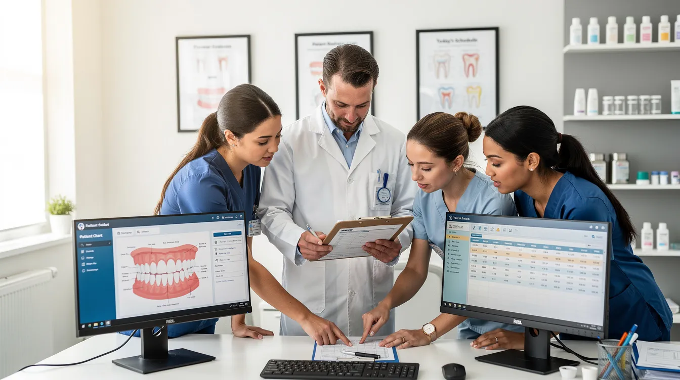A dental office team is gathered around a table, reviewing paperwork and computer screens filled with patient information and insurance claims. They are discussing the appeals process for denied dental insurance claims, ensuring they have all necessary documentation to support their requests for reconsideration.