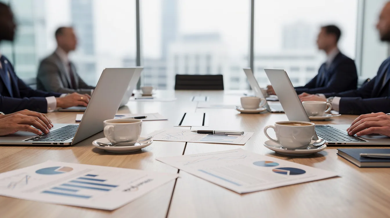 The image depicts a professional conference room table set for a business meeting, featuring documents related to oil and gas leases, laptops, and coffee cups. This setting suggests discussions on oil and gas law, lease agreements, and negotiations involving mineral rights and interests.