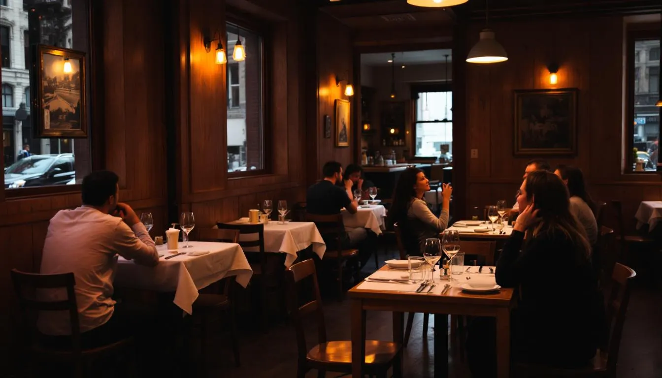 In the dining room of a restaurant, a few customers are seated at tables, enjoying their meals in a welcoming atmosphere. The front of house staff are actively engaged in providing exceptional customer service, ensuring a positive dining experience for all guests.